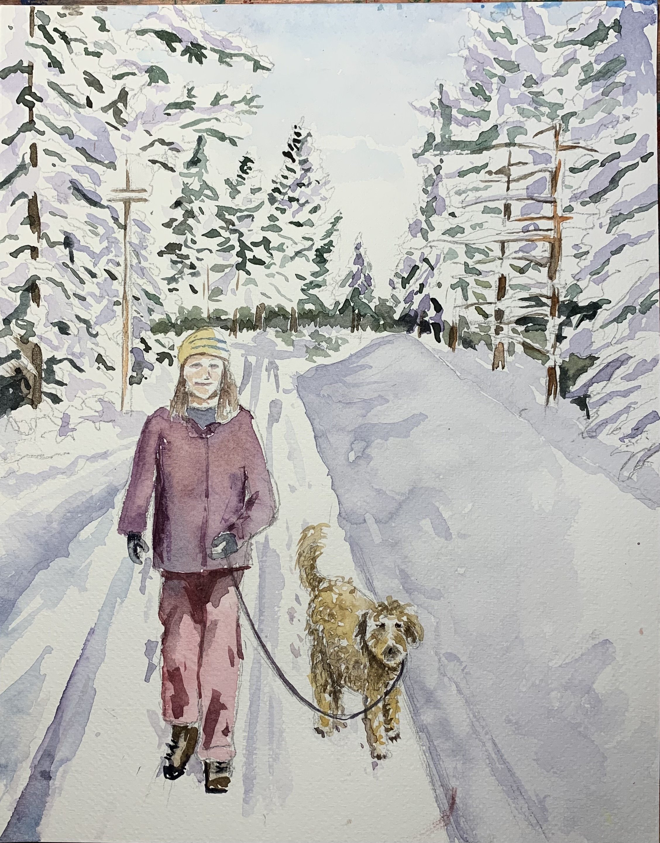 Ramona and Freya in the Snow, 2022, watercolor, 14 x 11 inches
