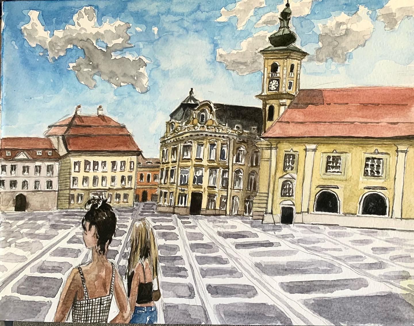 Girls, Sibiu, Piata Mare, 2022, watercolor, 9 x 12 inches