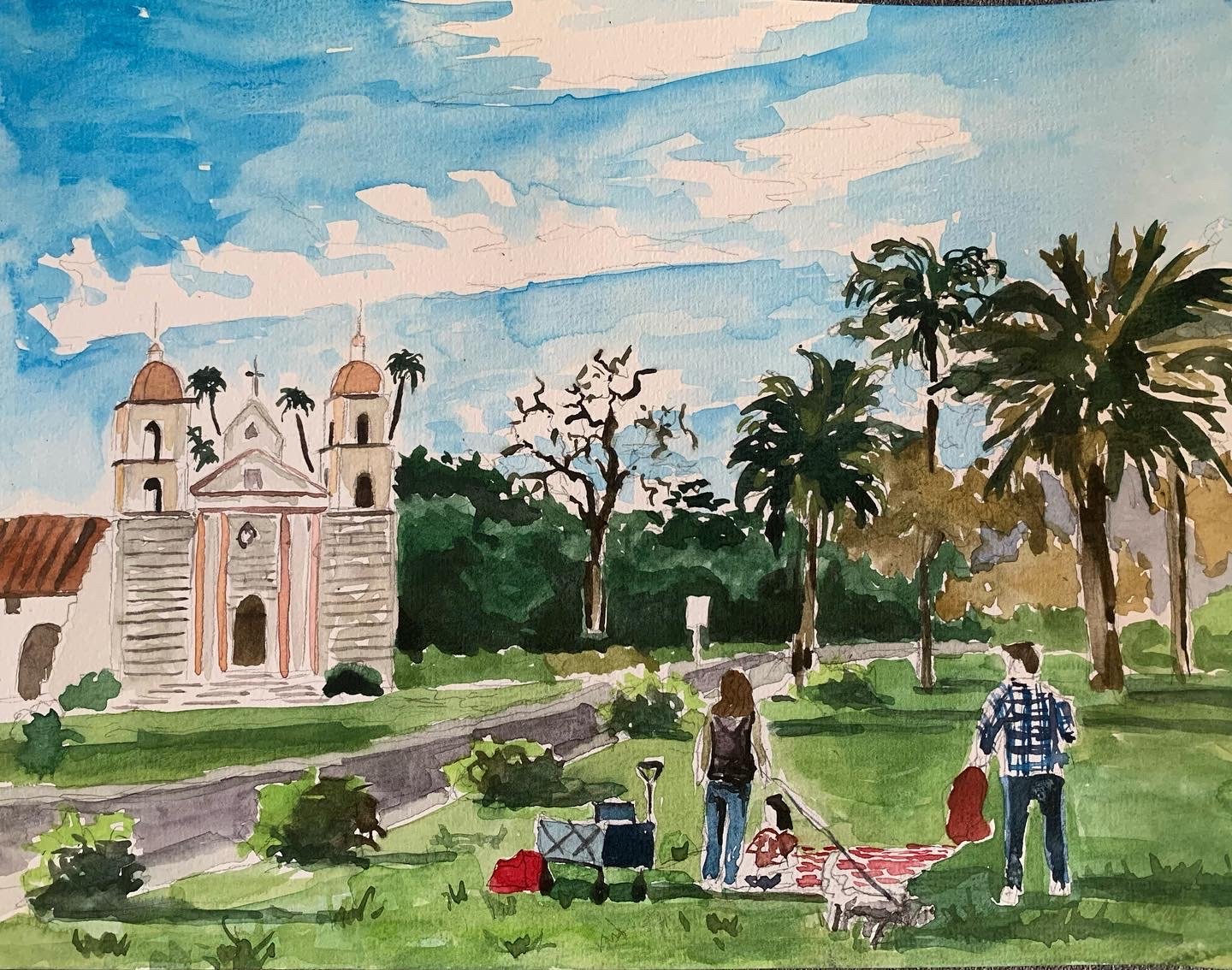 Mission Santa Barbara, 2022, watercolor, 9 x 12 inches