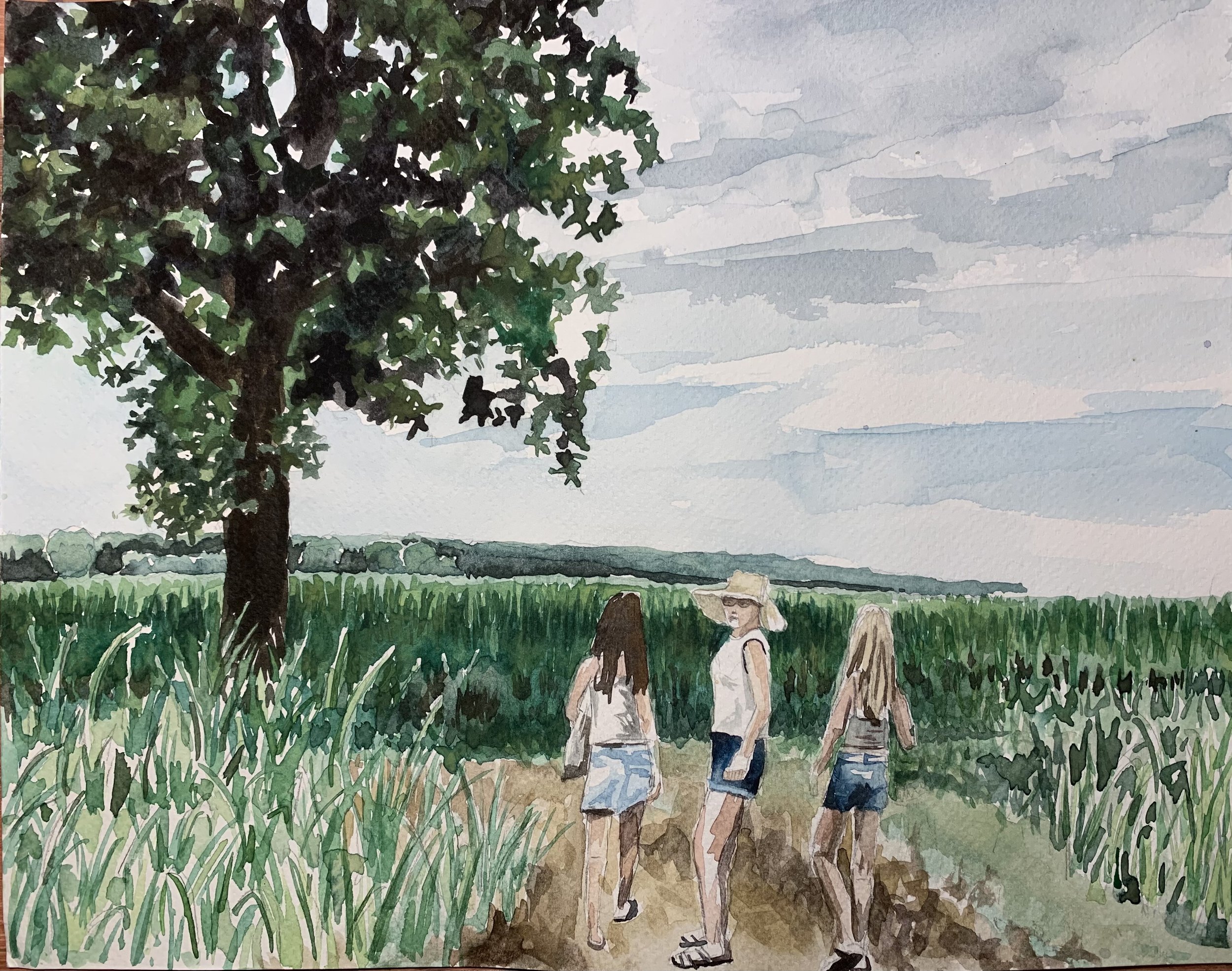 Ramona and the Girls in Fields, Italy,, 2022, watercolor, 14 x 20