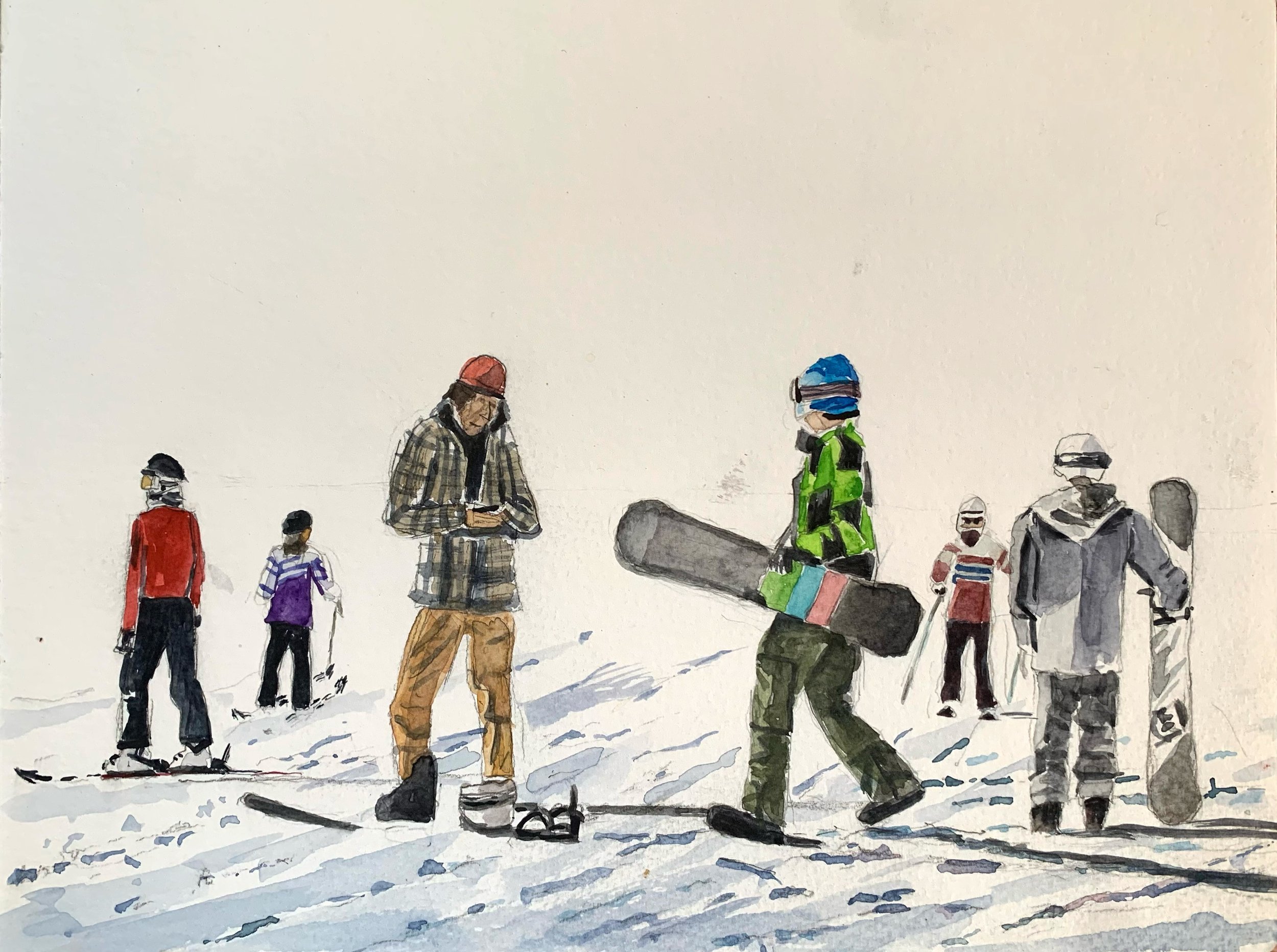Skiers and Snowboarders, 2022, watercolor, 9 x 12 in.