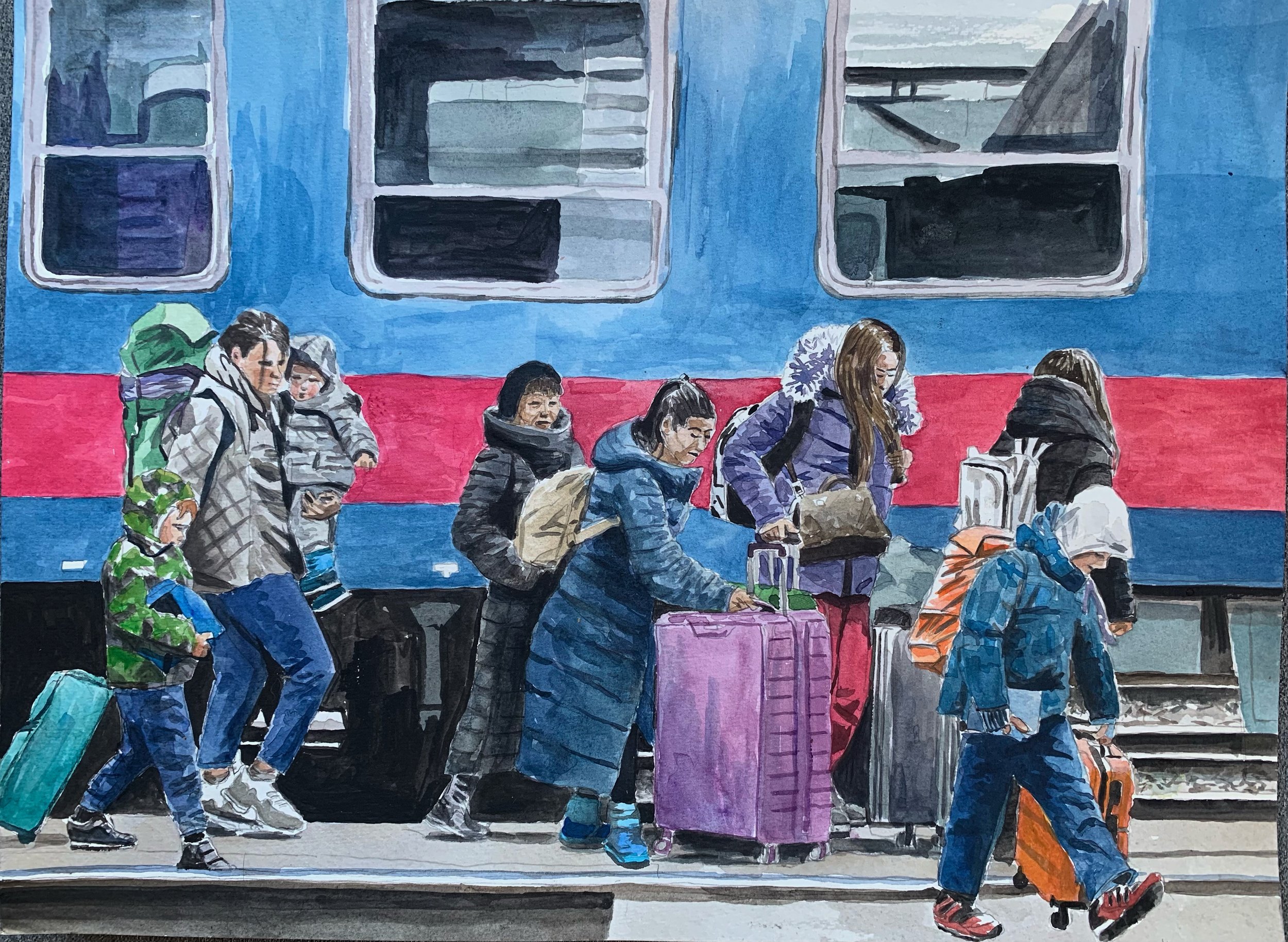 Ukrainian People on Train Platform, 2022, 12 x 16 inches, acrylic on paper