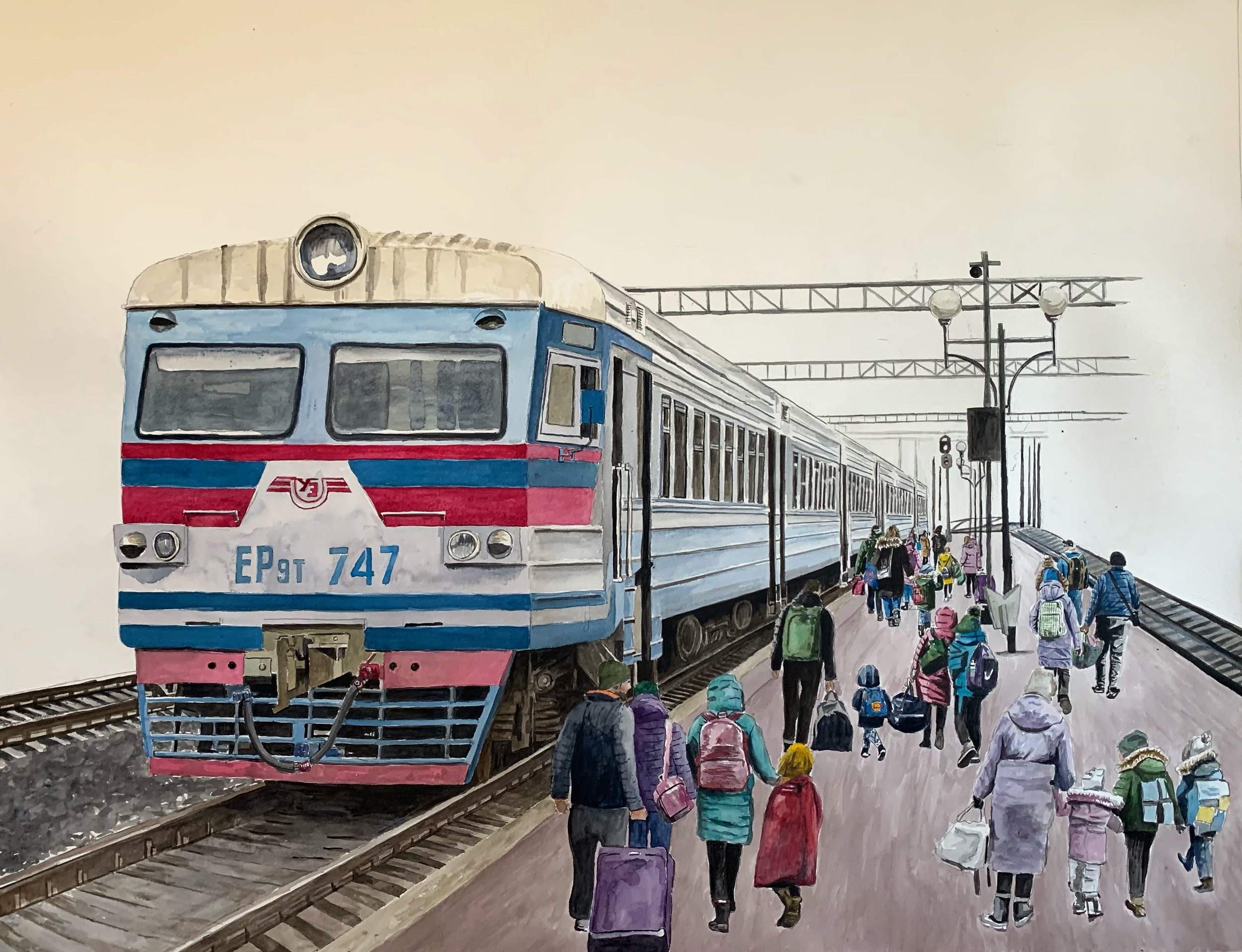 Train, People on Platform, 2022, 30 x 41 inches, acrylic on paper