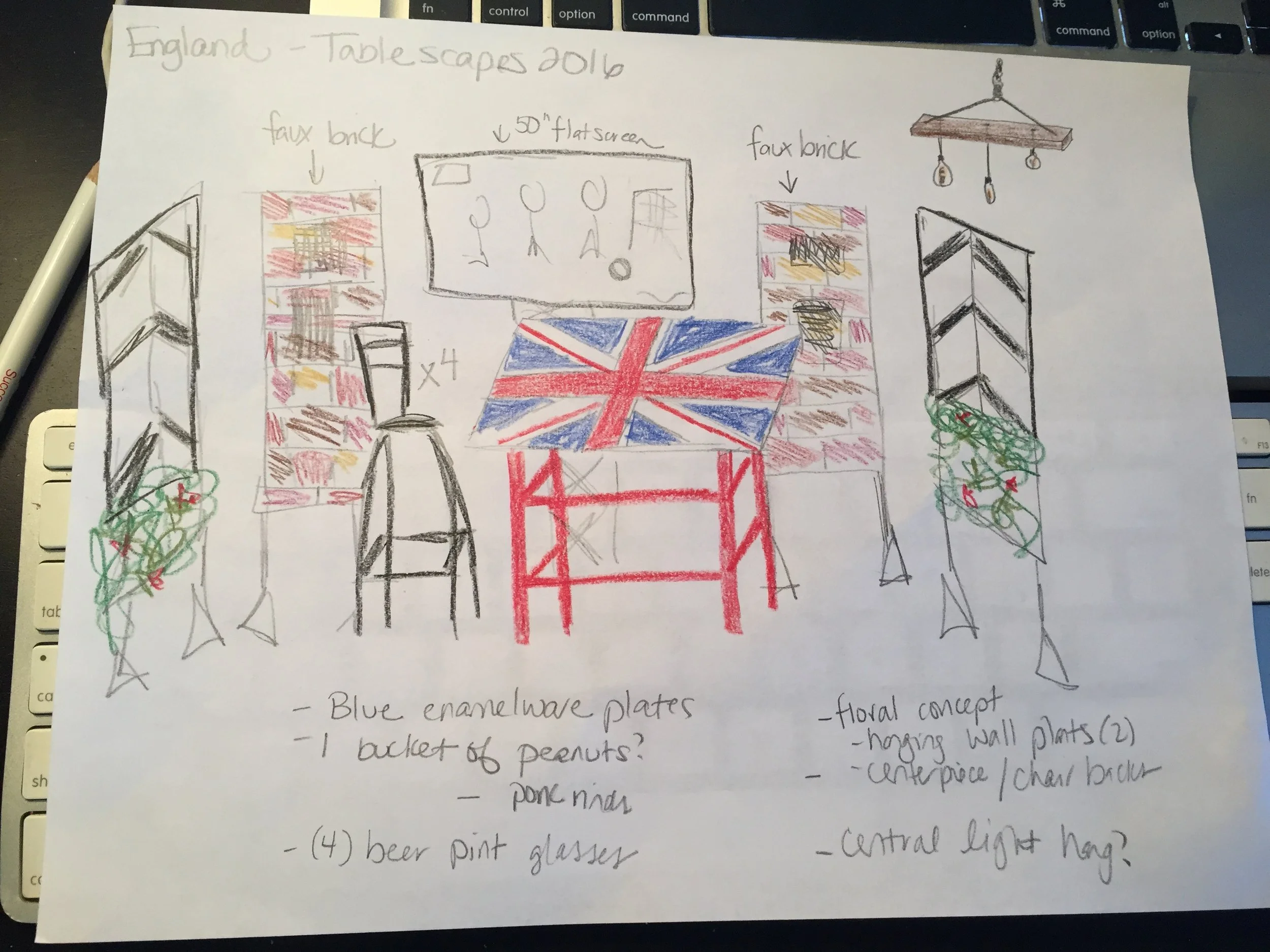 The original concept, sketched out by me. I have much more creative juices when I'm working with flowers, but I can at least get the concepts on paper.