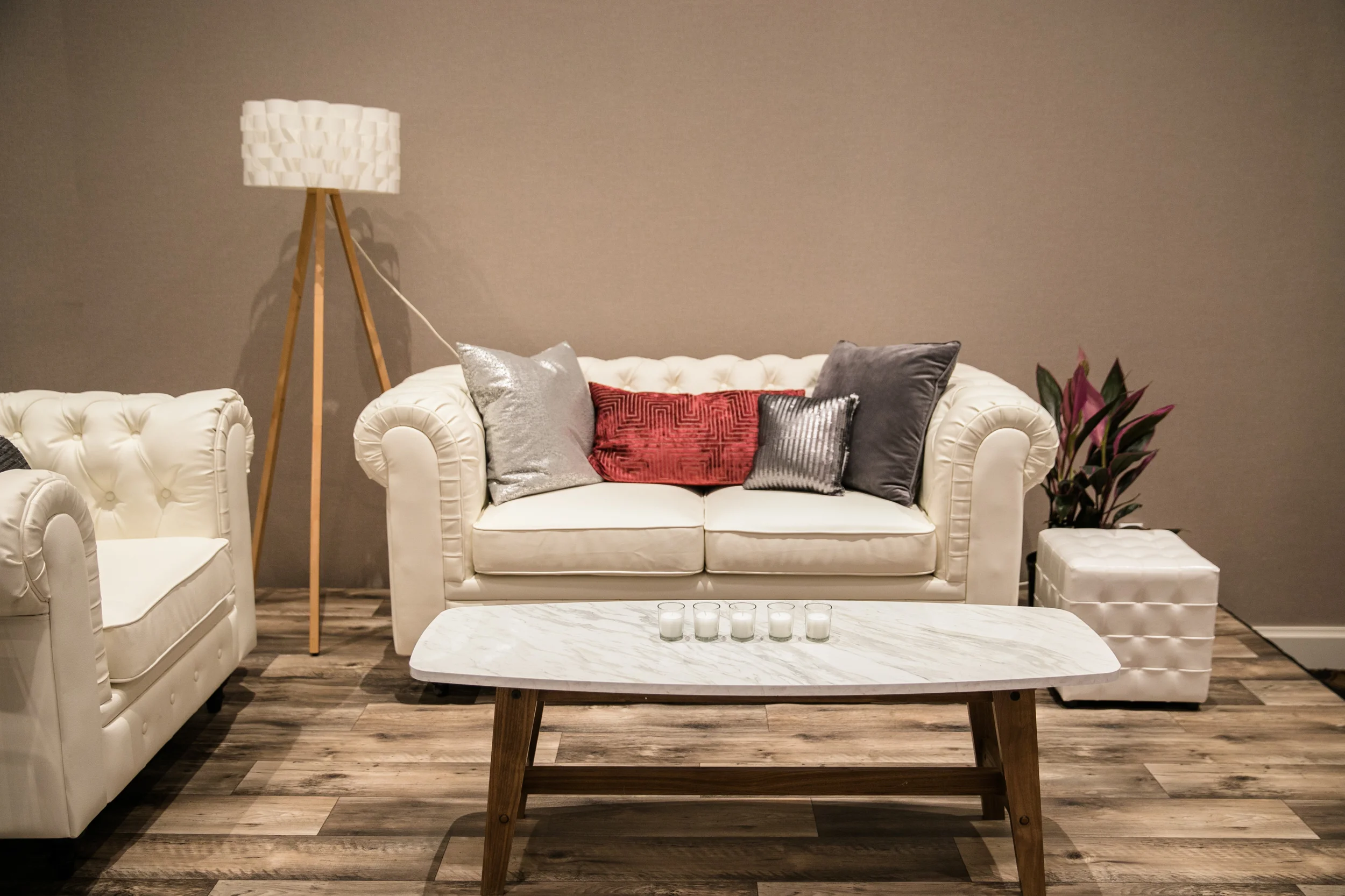 Faux marble coffee table with natural wood base