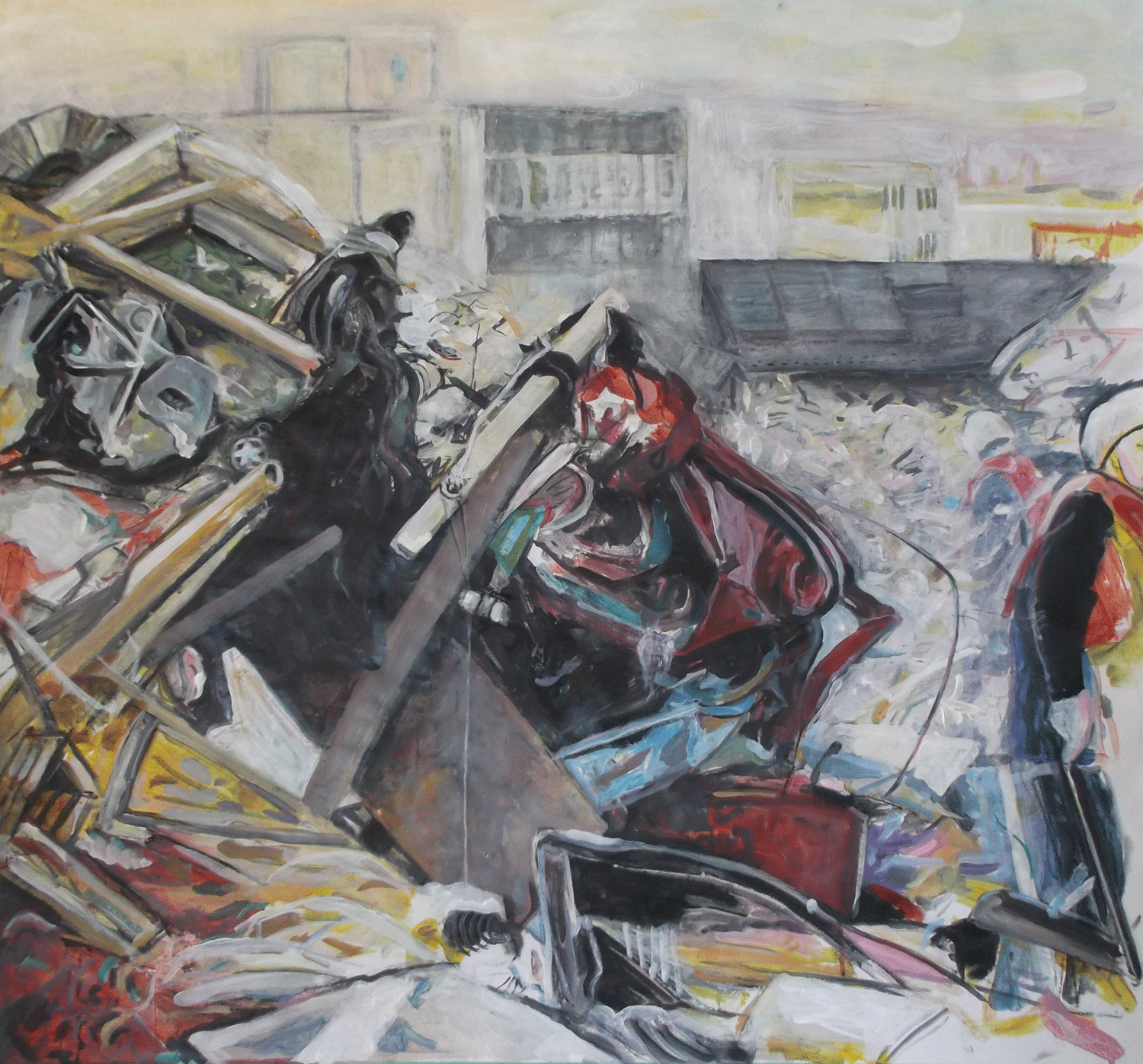 "Tsunami Debris (workers)"  Acrylic/Paper  52"x39"