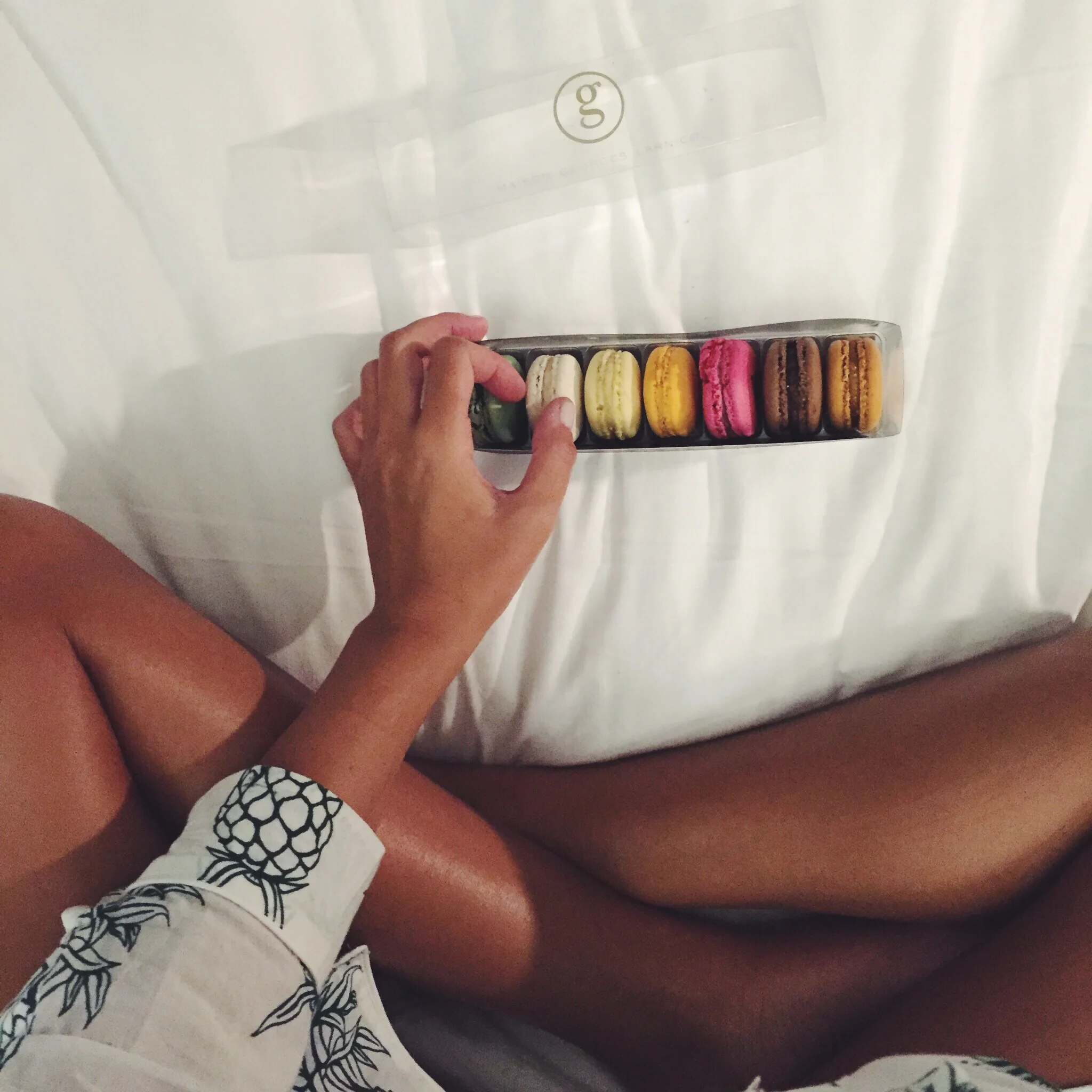 Eating macaroons in my comfy Desmond & Dempsey pineapple pj's.