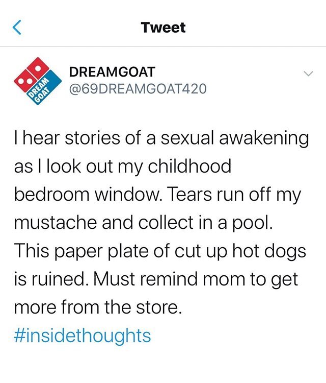 Come with me on my journey from touring musician to incel at twitter.com! 
Loads of crazy stuff on my mind, take a peak under the hood 🤗

@69DREAMGOAT420

Cool updates and hot takes. Really need this to take off quick. 
#twitter