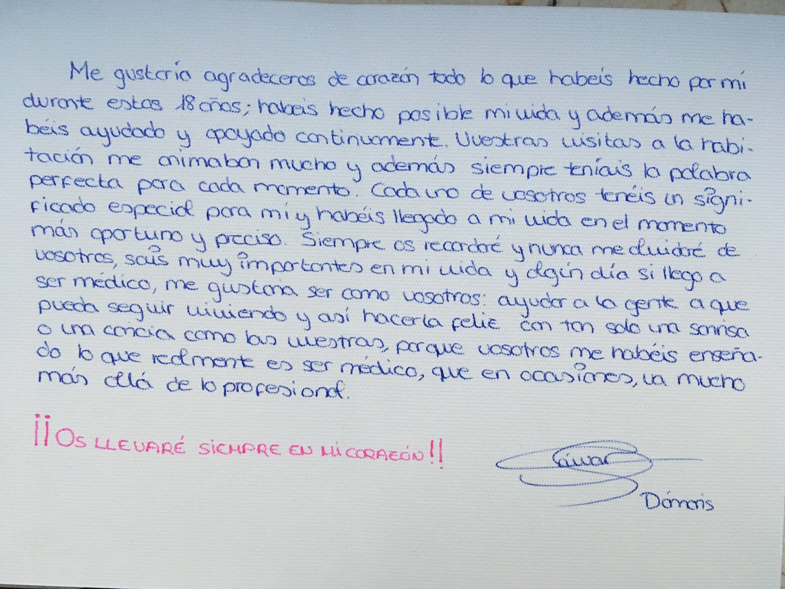 Carta de agradecimiento de Damaris
