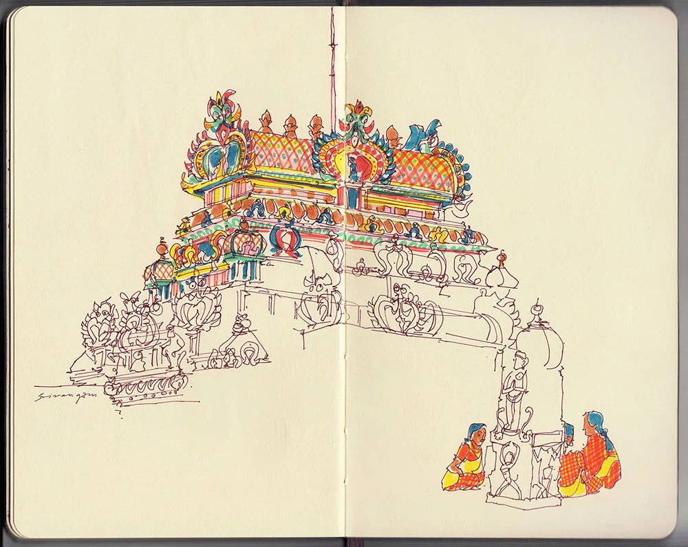 Temple detail with pilgrims in Srirangam, Tamil Nadu
