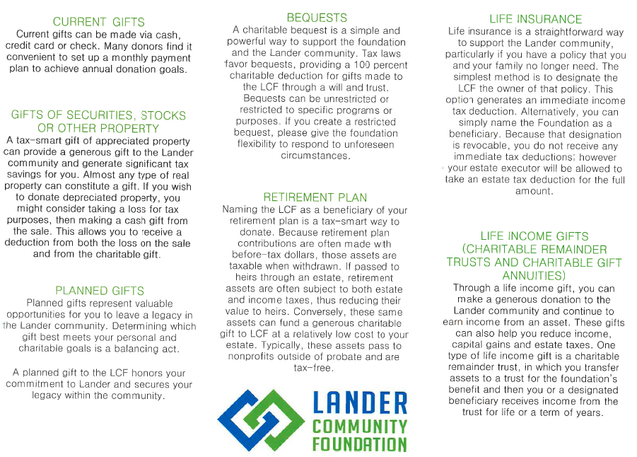 You can download the PDF version of our "WAYS TO GIVE" tri-fold brochure, here .