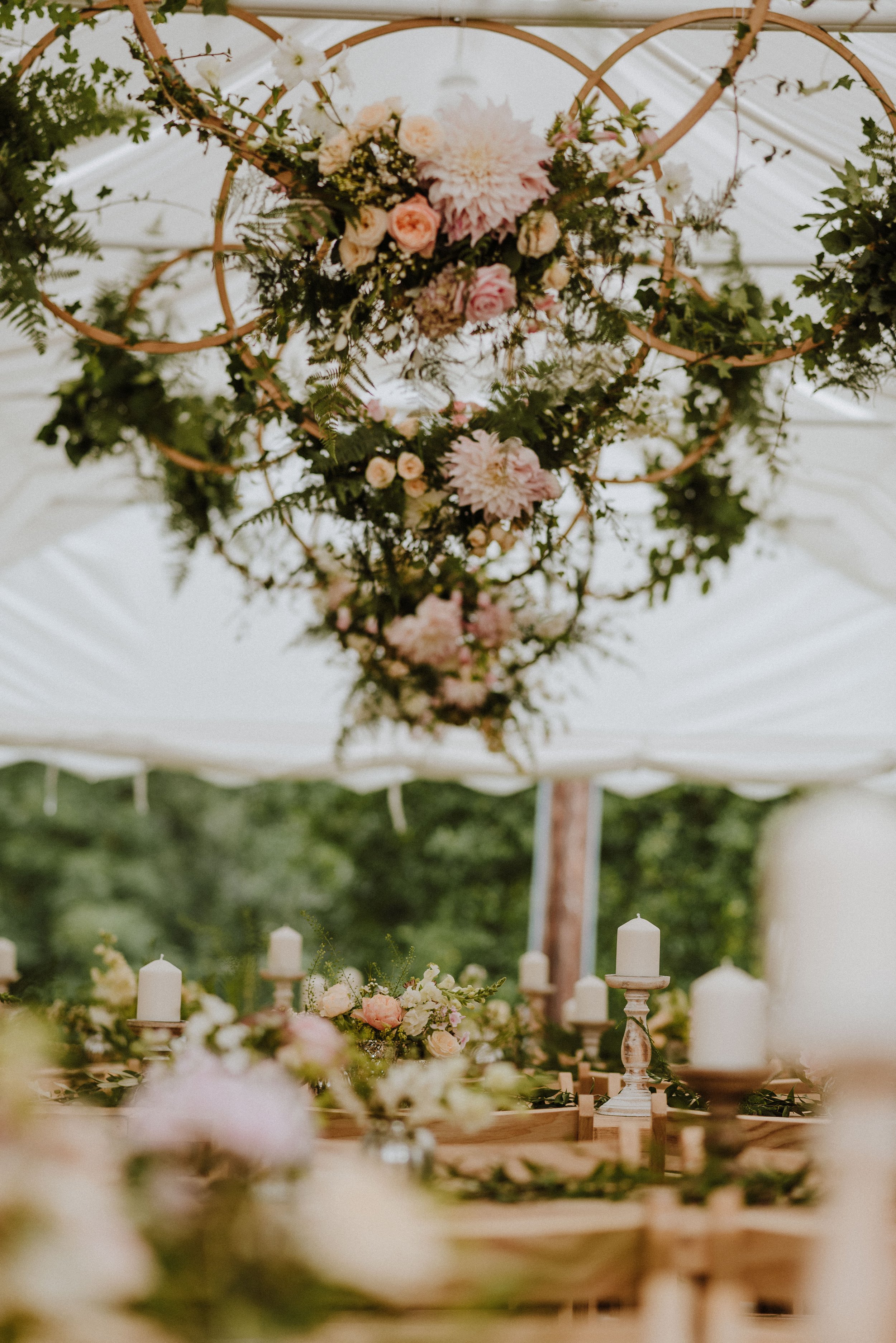 Wedding Floral Hoop Marquee hanging Installation 