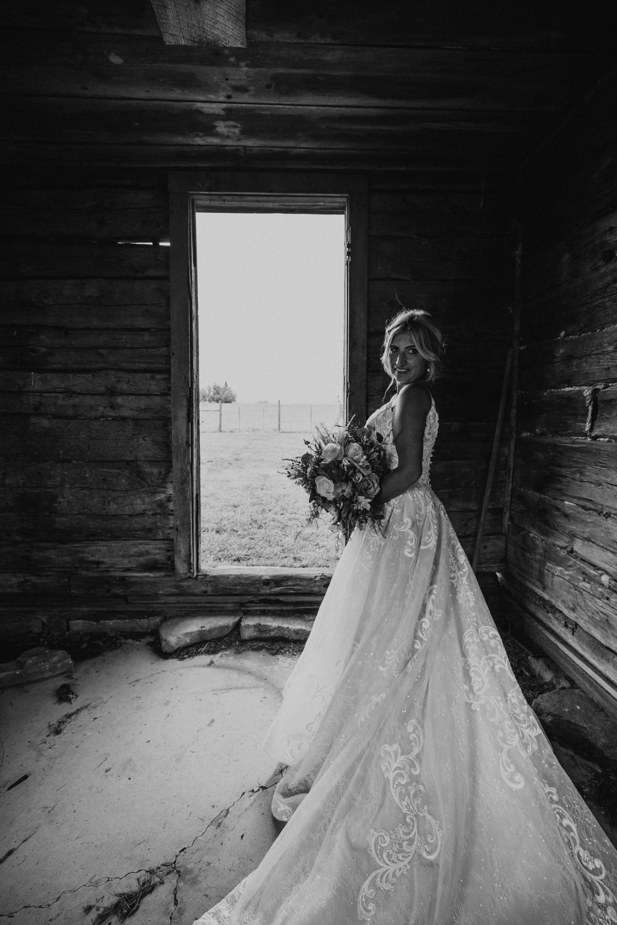 Bride in Old Building - b + w
