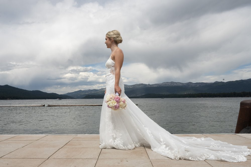 Bride on dock at lake 