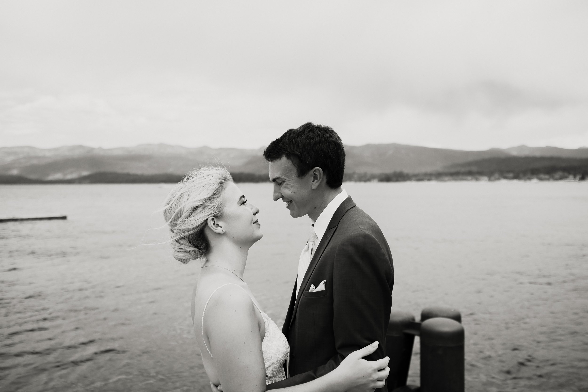 Bride and Groom at Lake in B &amp; W