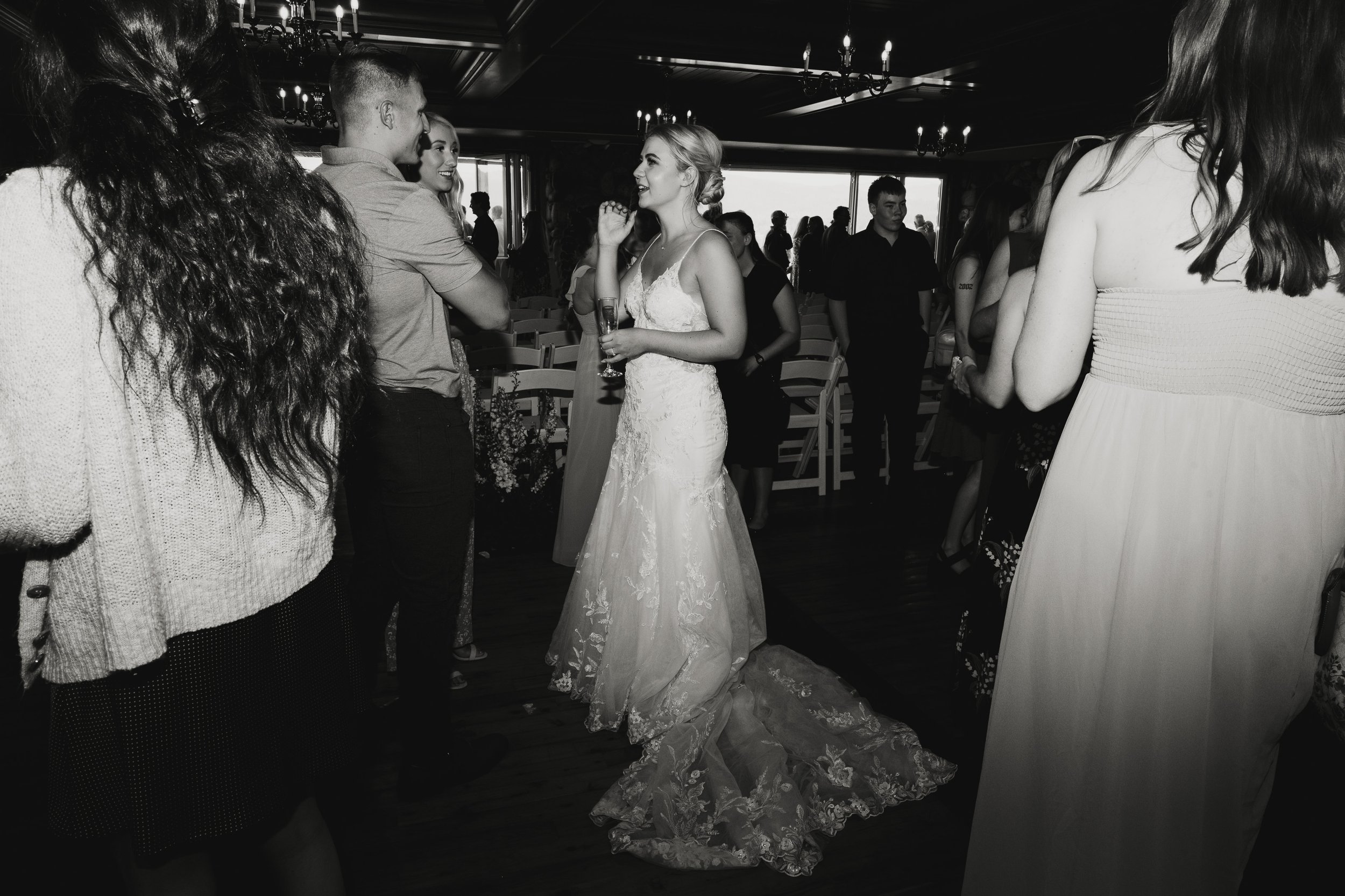 Bride at Reception in black and white