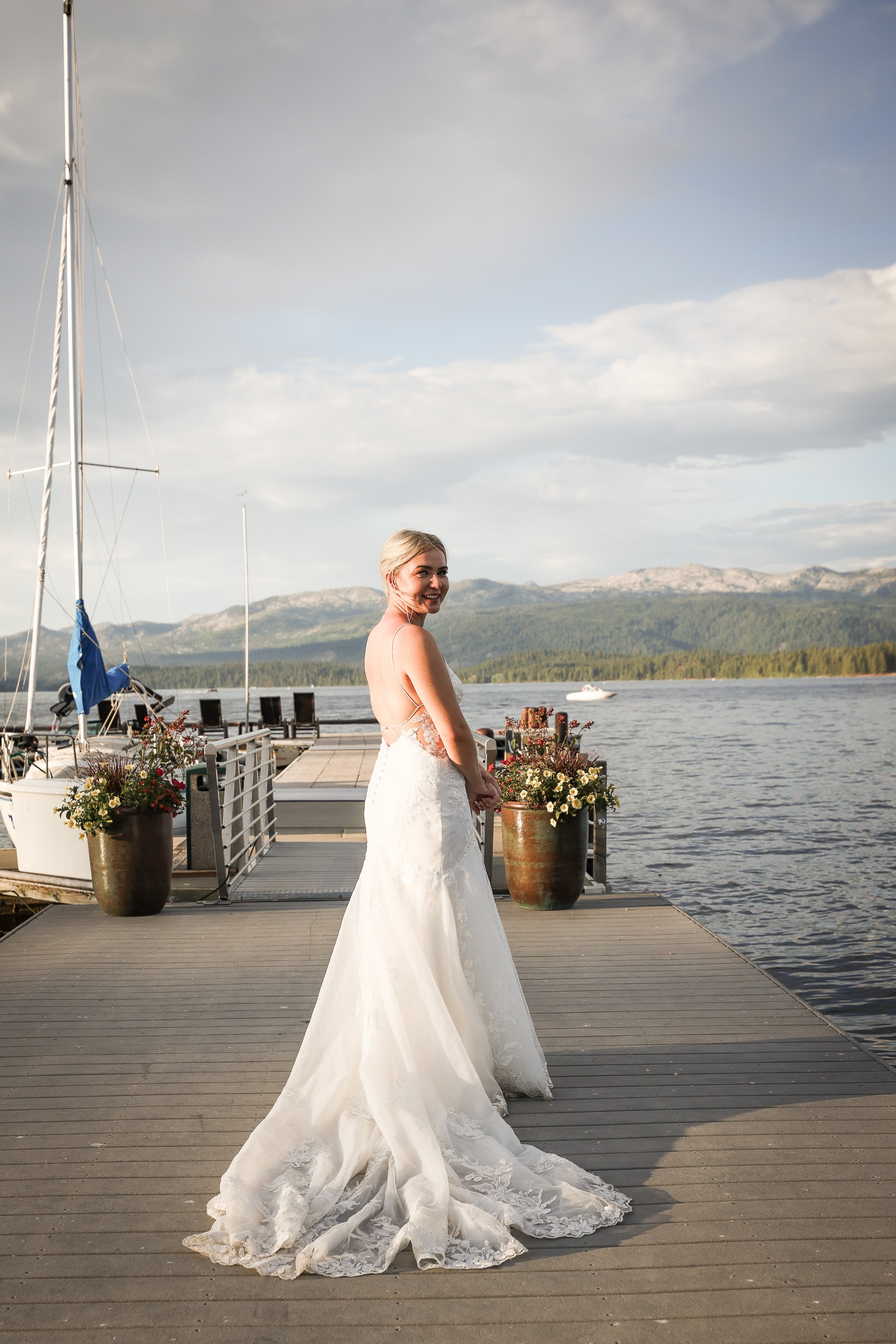 Bride on dock at Shore Lodge
