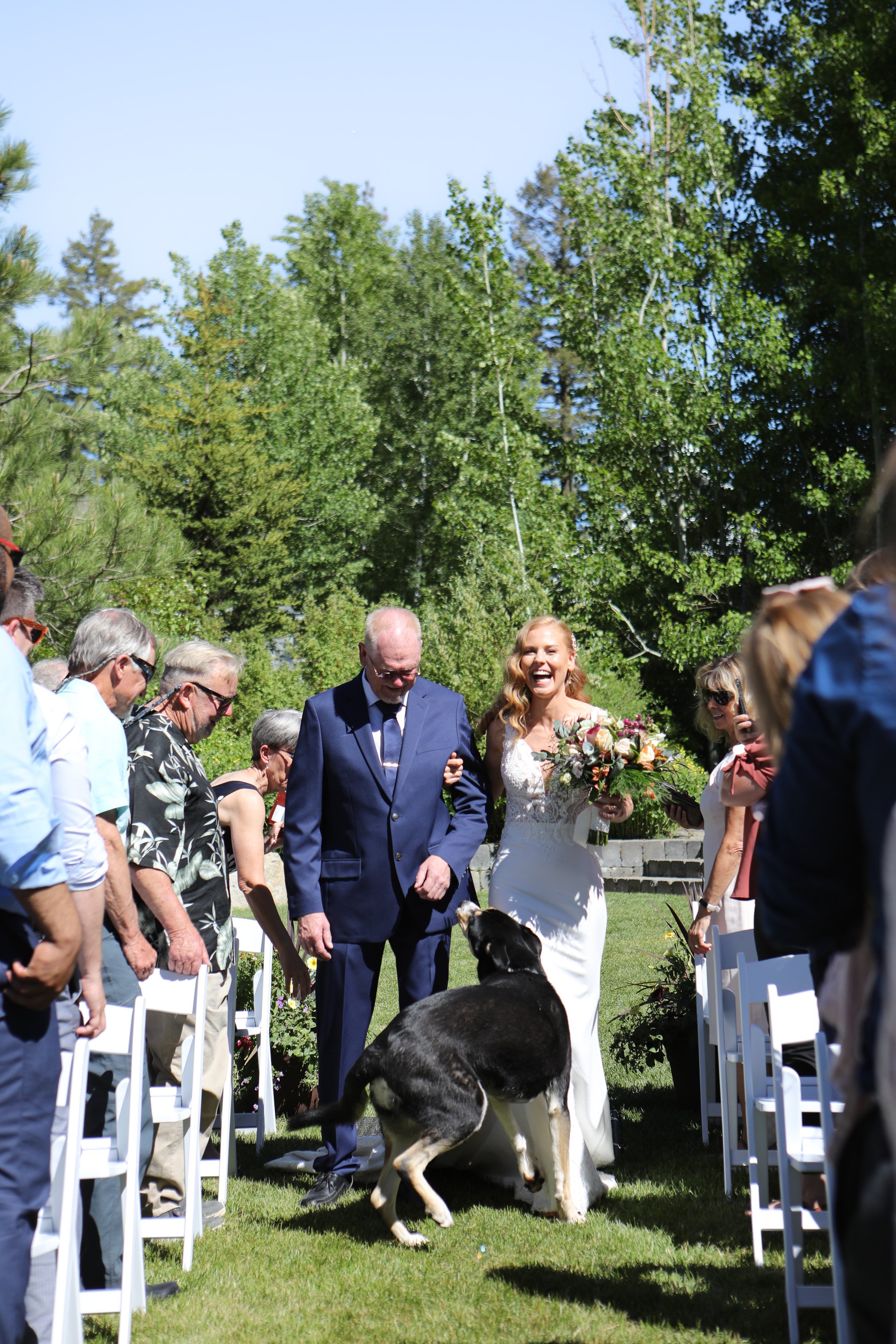 bride with dad and dog at aisle