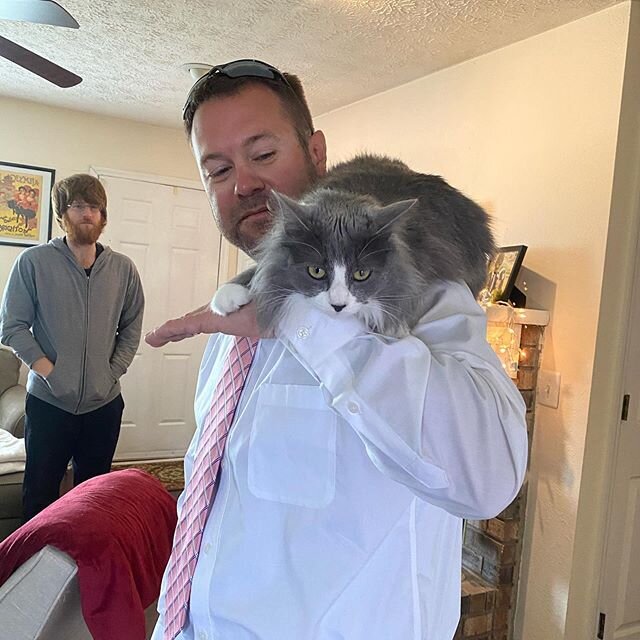 We were delivered the sacrament this morning by some sweet brethren from church, since we are not having regularly scheduled meetings. We were very grateful. So was Meera. I swear, this girl loves men. No shoulder is safe. #catsofinstagram