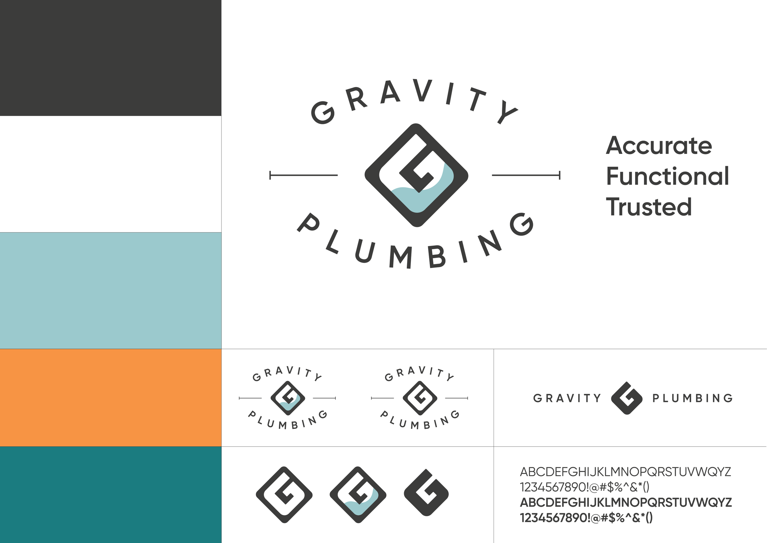 brand design layout for a plumbing brand showing logo variants colour scheme and font