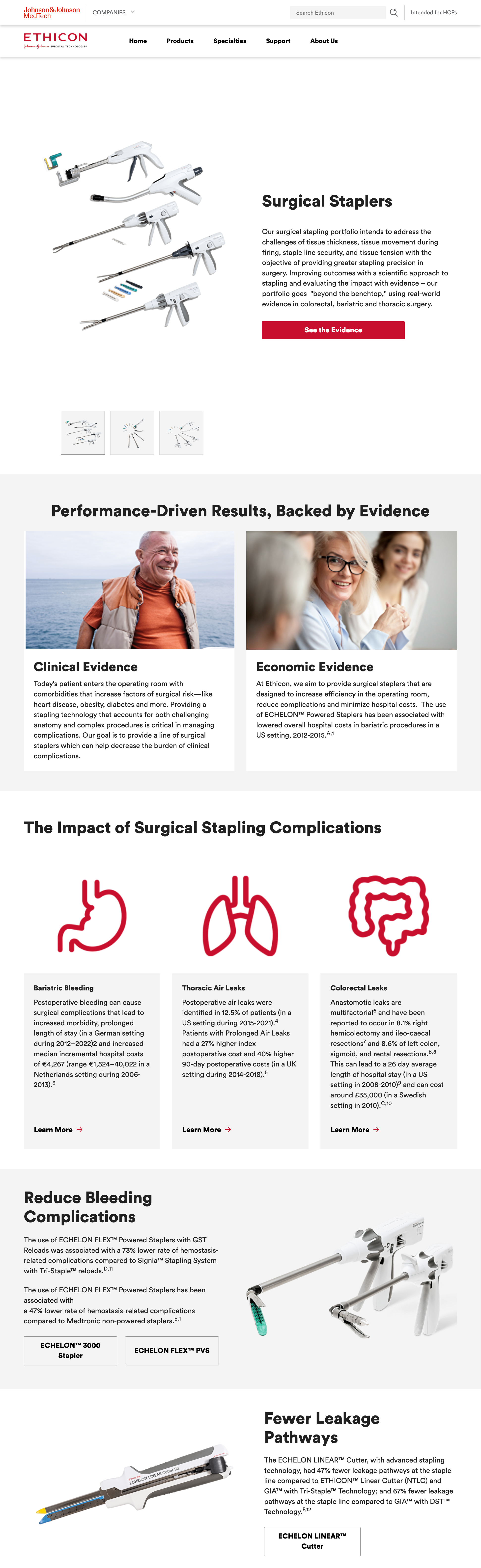 Ethicon stapler product page after redesign