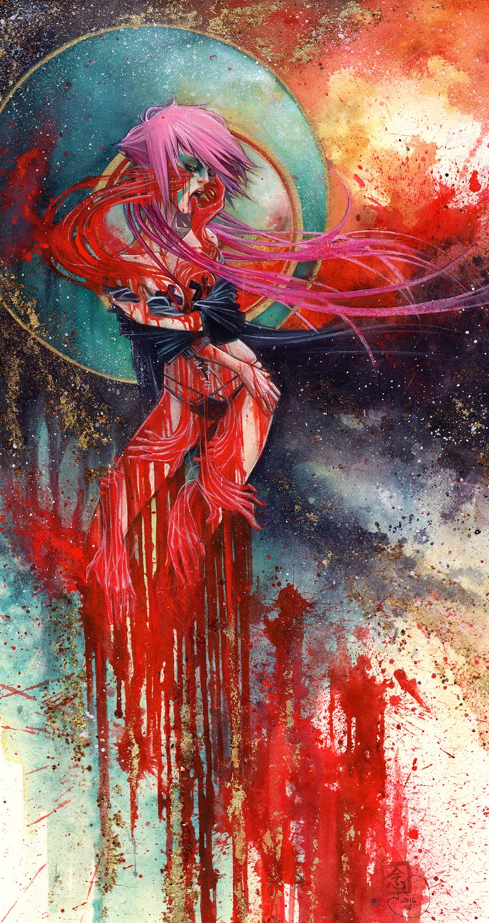 Hemoglobin \\ 10x20 \\ watercolor, gouache, gold leaf, mica flake