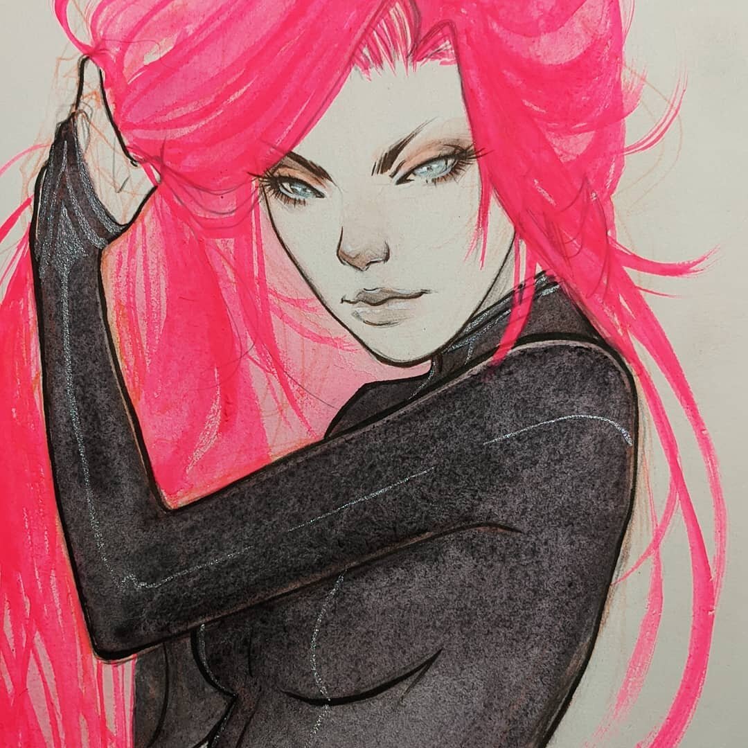 a long overdue piece for @sychtats of her OC Leila. &hearts;️ 
.
.
.
.
#watercolorsketch #commissions #art #nenchang #oc #originalcharacter #beauty #pinkhair #neonpink #prettygirl #femmefatale #femaleartist #queerartist #sketch #inkdrawing #scifi #ch