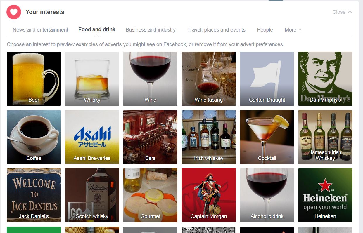A screenshot from Facebook's Advert preferences page showing the range of 'Food & Drink' preferences Facebook has assigned me.