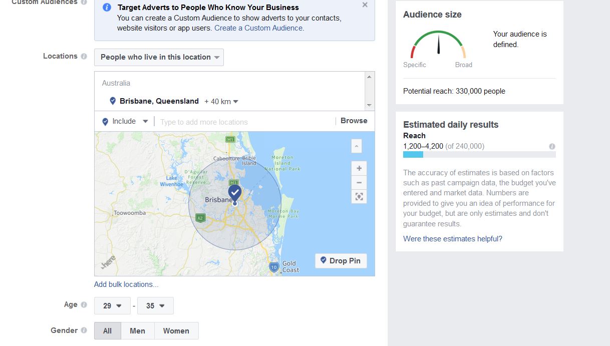 A screenshot from Facebook's advertising interface. Here I have added age restrictions to the audience. On the right we can see that Facebook is telling us it can reach 330,000 29 to 35 year olds in Brisbane.