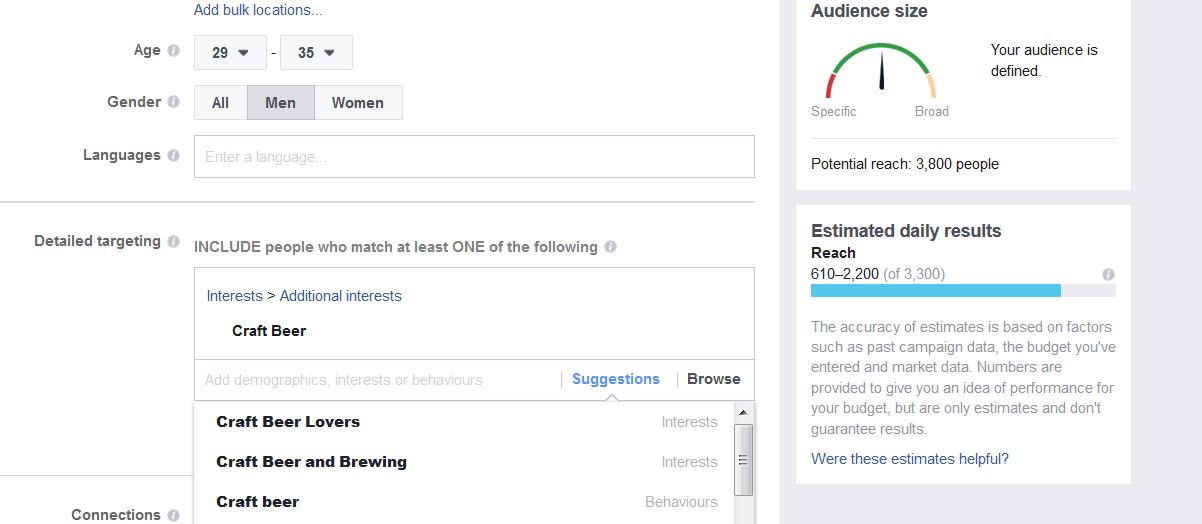 A screenshot from Facebook's advertising interface. Here I have added 'men' and 'craft beer' as a specific targeting category. This narrows the reach down to 3800 users.