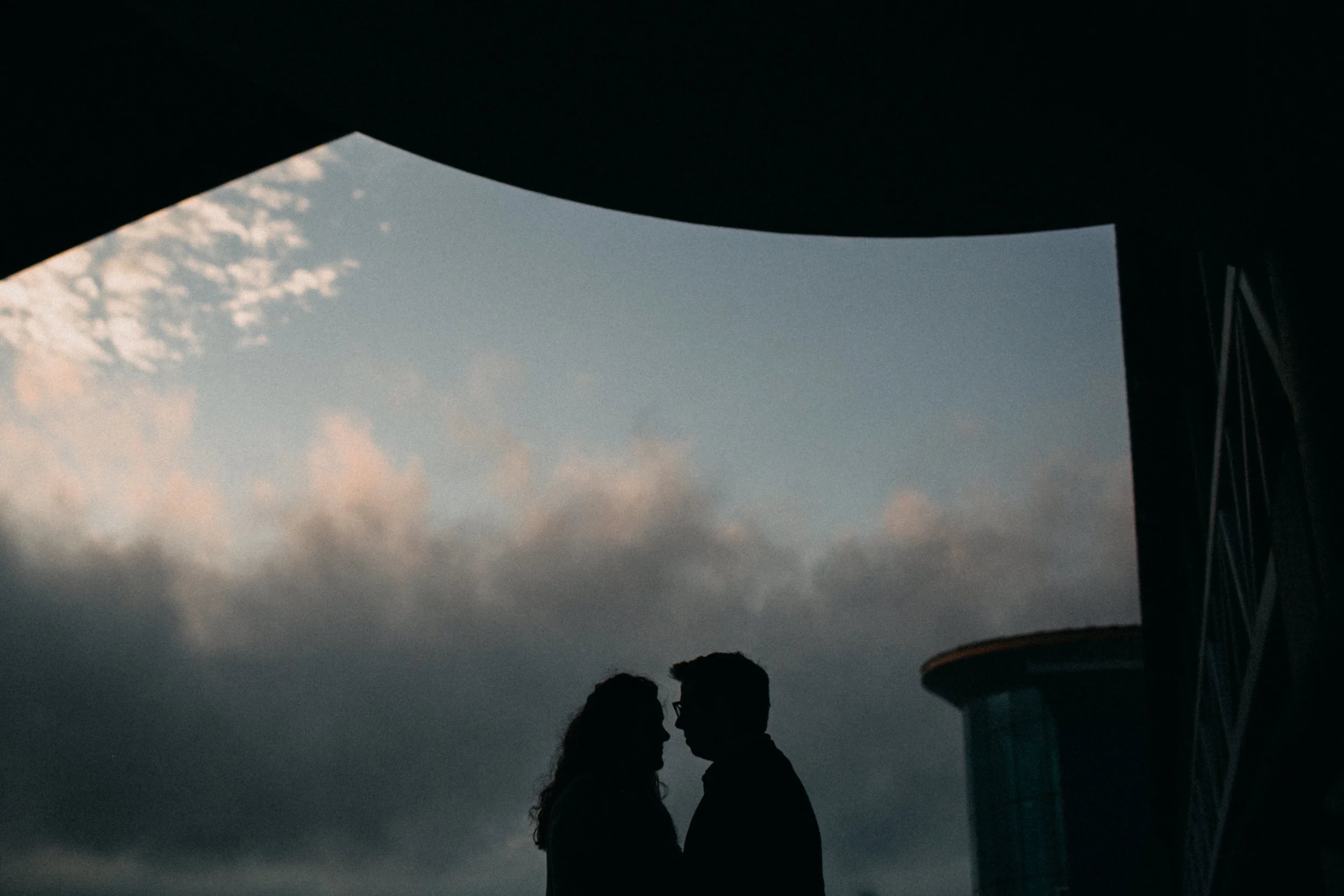 Silhouette of couple beneath sky.