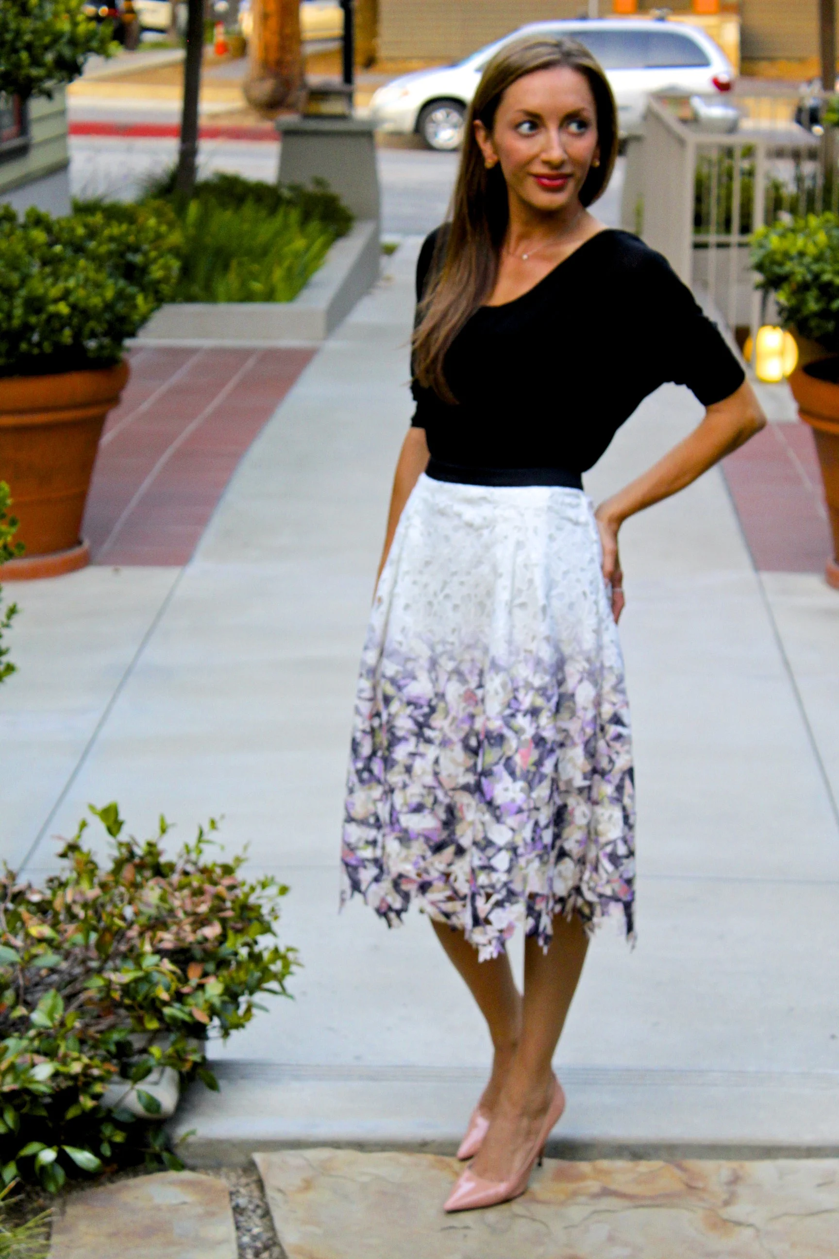 A floral lace skirt with pink pumps never hurts -- The au lait skirt is one of my all times faves. Dress this up or down! knee high boots and a turtleneck would also be so cute with this.