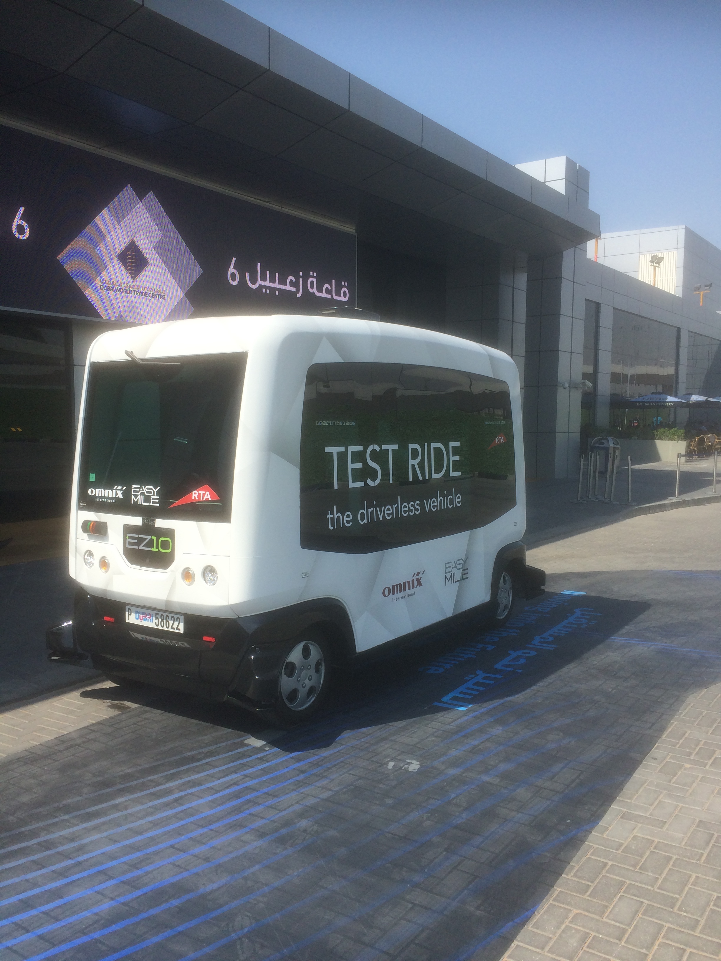 Driverless minibus on display and test running outside UITP’s MENA Transport event in Dubai at the end of April