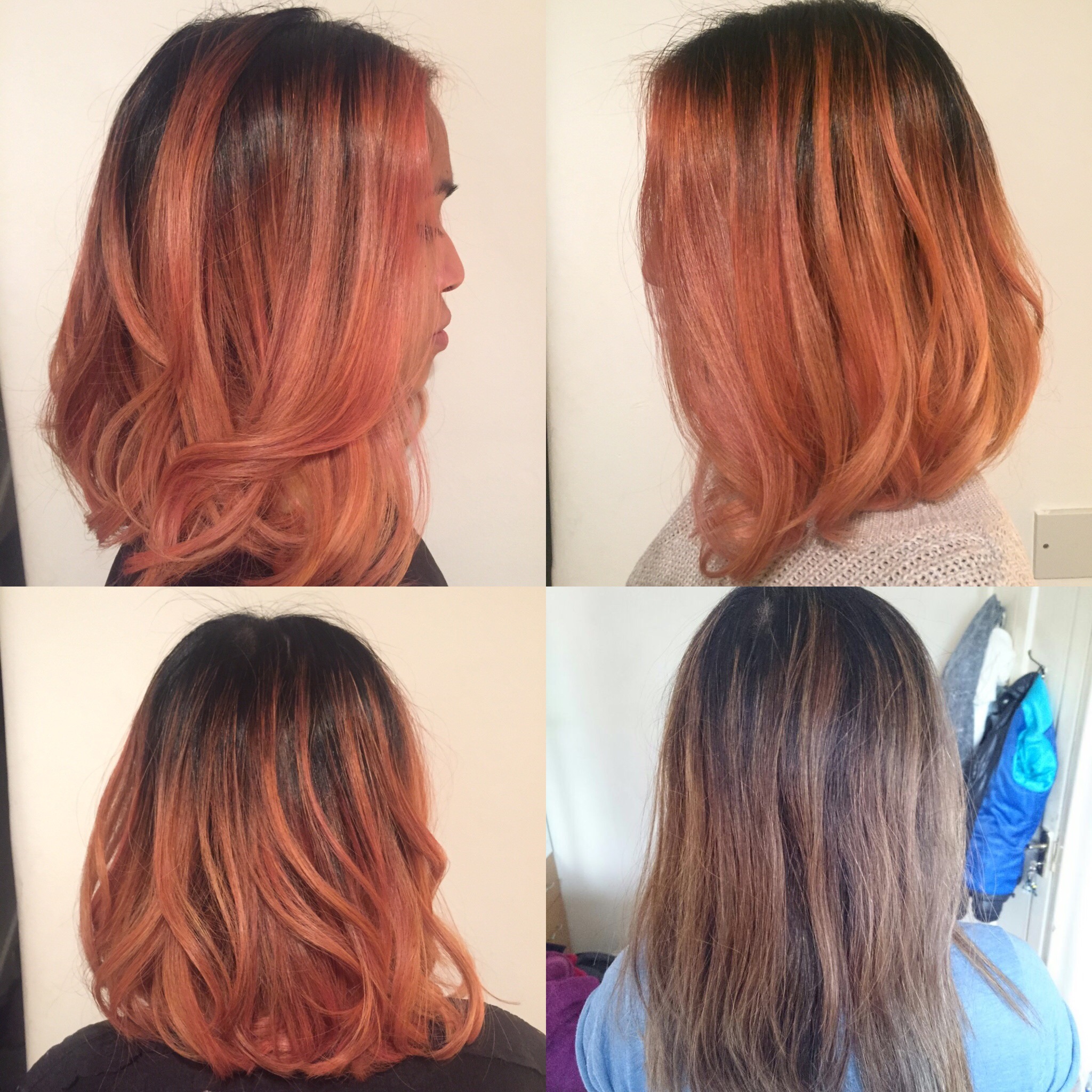 Balayage with Peach/pink toner and a layered bob haircut