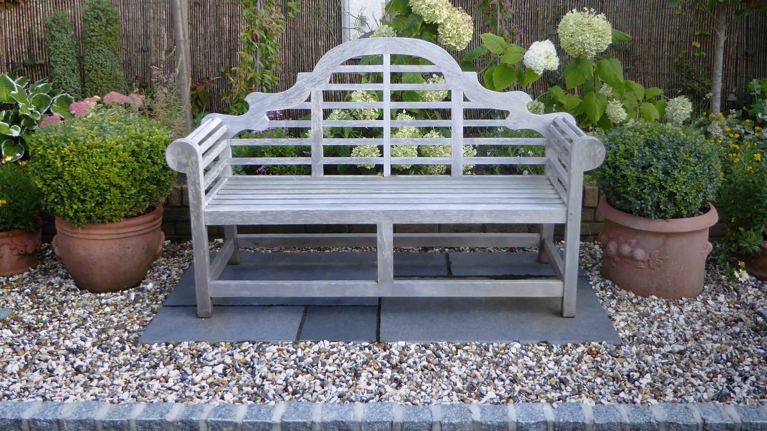 Cheshire Garden Design: The Sun And Shade Garden: Bench, Box Balls In Pots And Hydrangeas