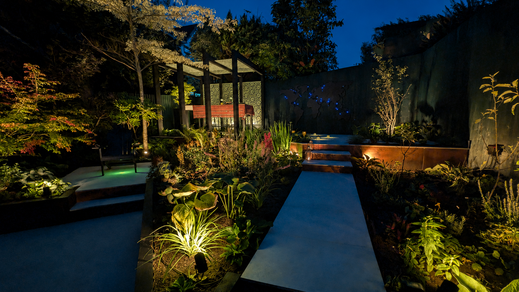 Atmospheric Contemporary Garden Lighting at Night after transformation