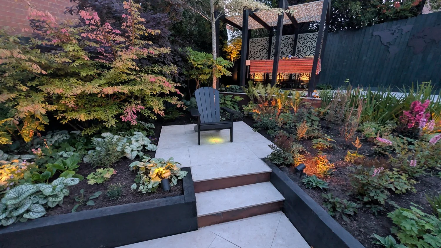 Split-Level Garden Seating and Planting at Twilight