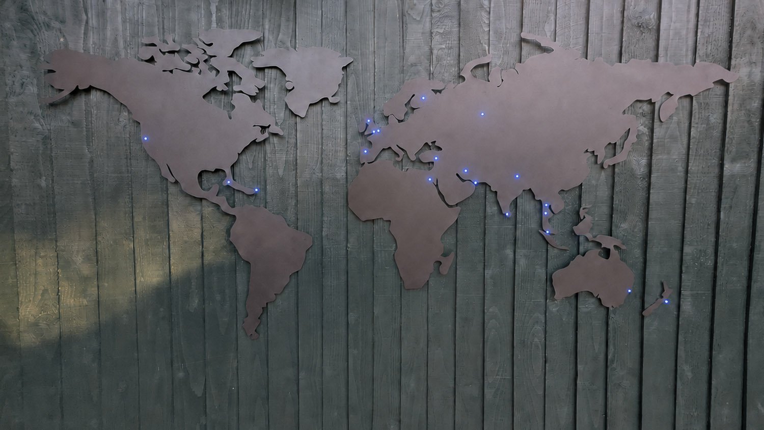 Bespoke Metal World Map with Blue LED Lights