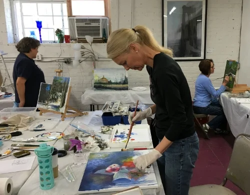 Marvelous Mondays students working in watercolor, oil and acrylic.