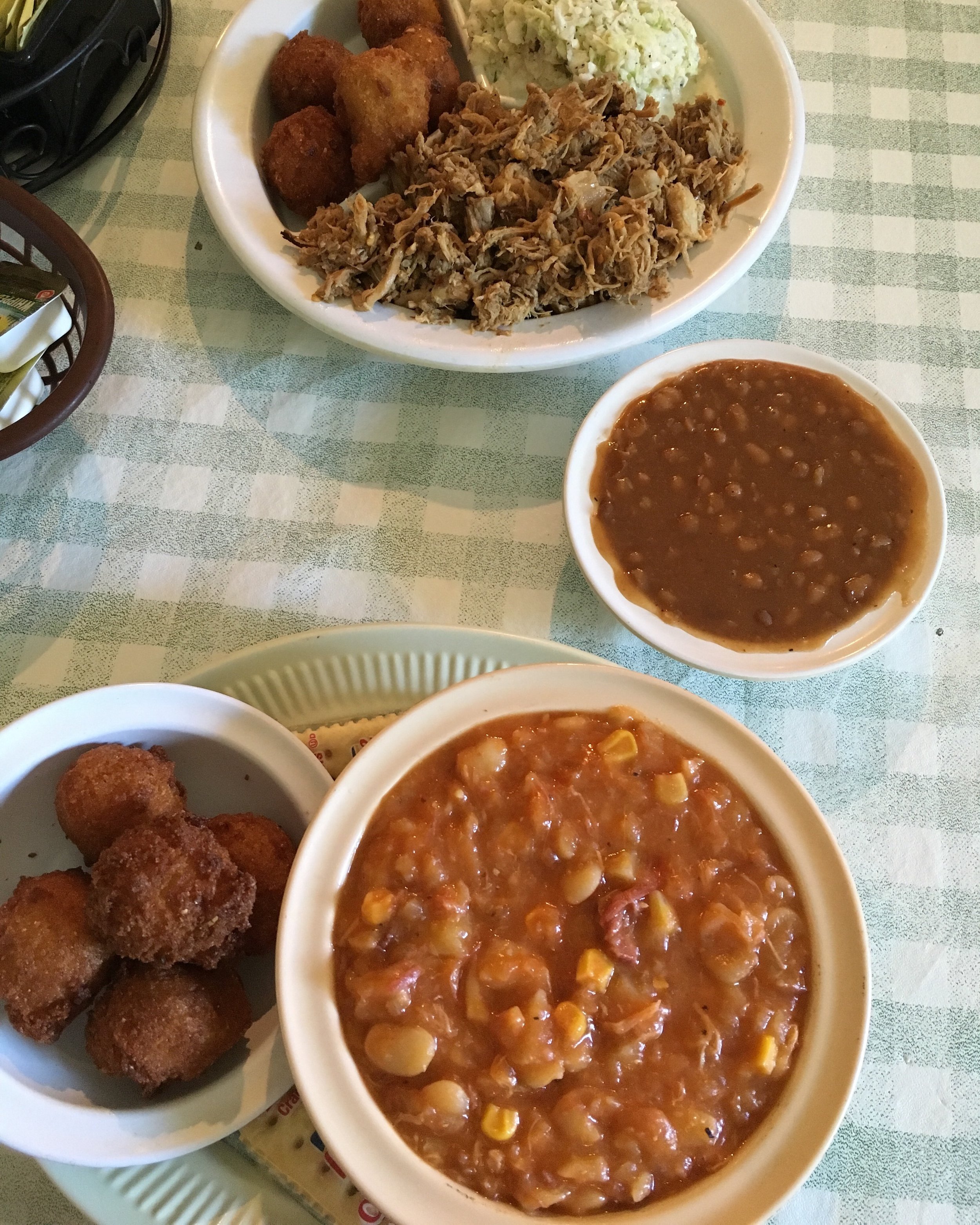 hush puppies, brunswick stew, pulled pork, baked beans...