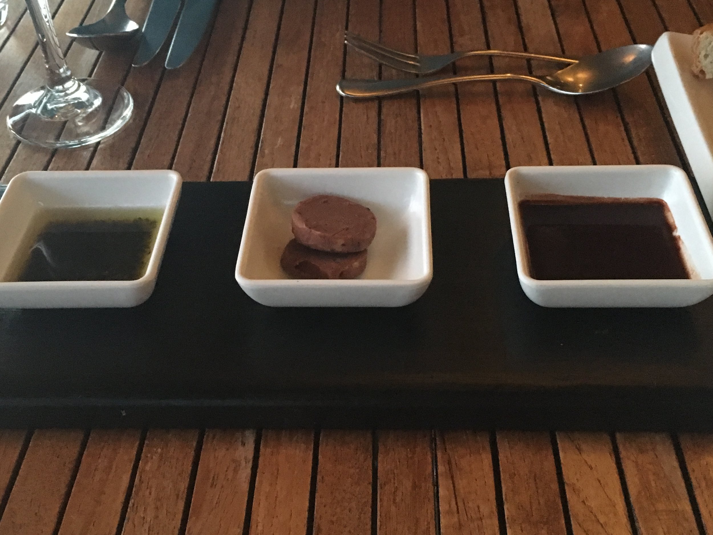 accompaniments for our bread: infused oil, chocolate butter, and ... chocolate