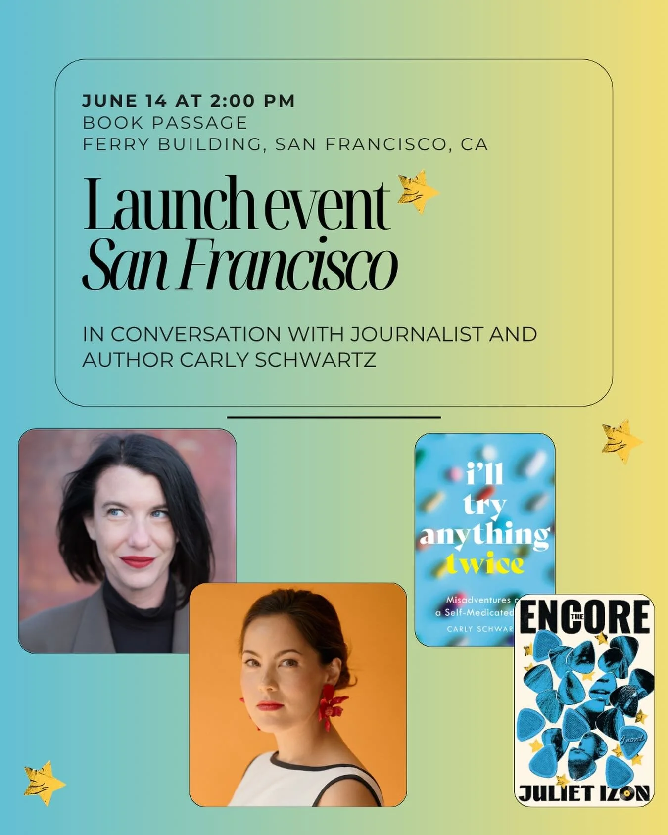 SAN FRANCISCO! @carlicita and I cannot wait to hang with you next Sunday at @bookpassage. Bring all your questions on journalism, books, and music. See you next week!