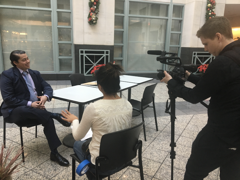 Previous Public Service Committee Co-Chair Jesselle Macatiag (center) interviews a member of Mikva Challenge DC at their annual event, Project Soapbox.