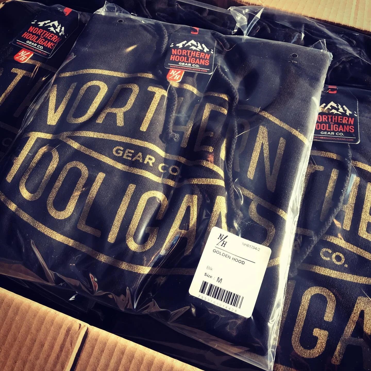 Pallet upon pallet with FW19 goods are arriving daily to our warehouse. Check out the sparkle on our Golden Hood 🤩. #northernhooligans #fw19 #streetwearfromthewoods #hoodie #streetwear