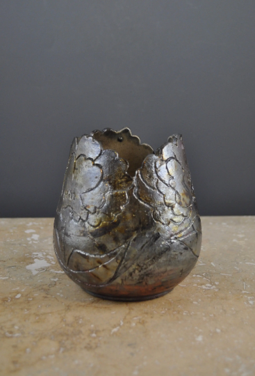 Raku Pottery Vase Handmade with Carved and Cut Flower Design with ...
