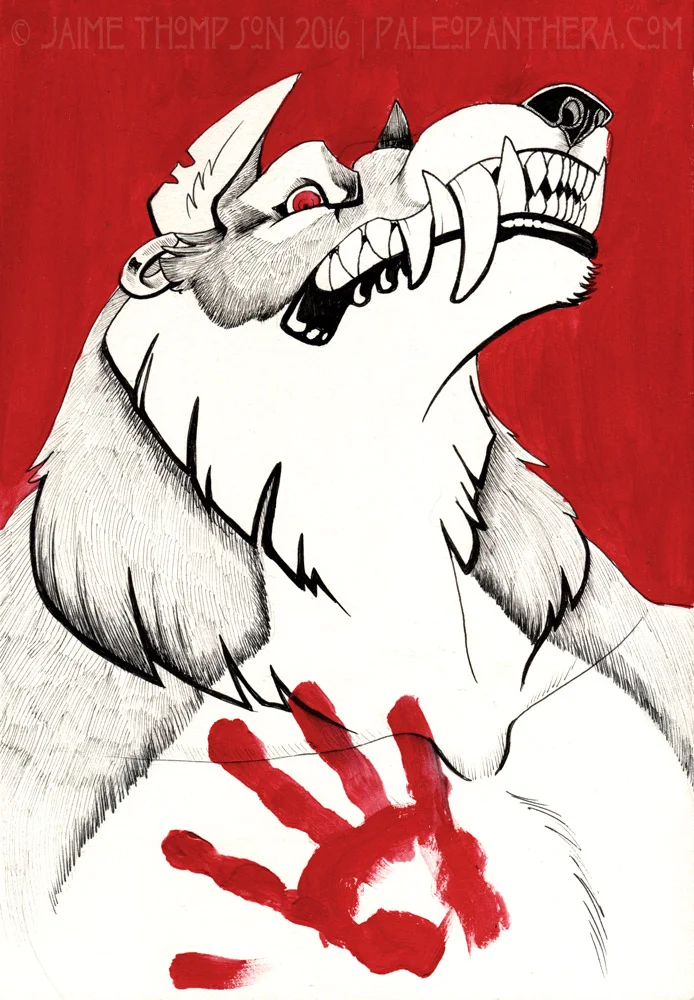 Werewolf, pen and red acrylic ink. 2017