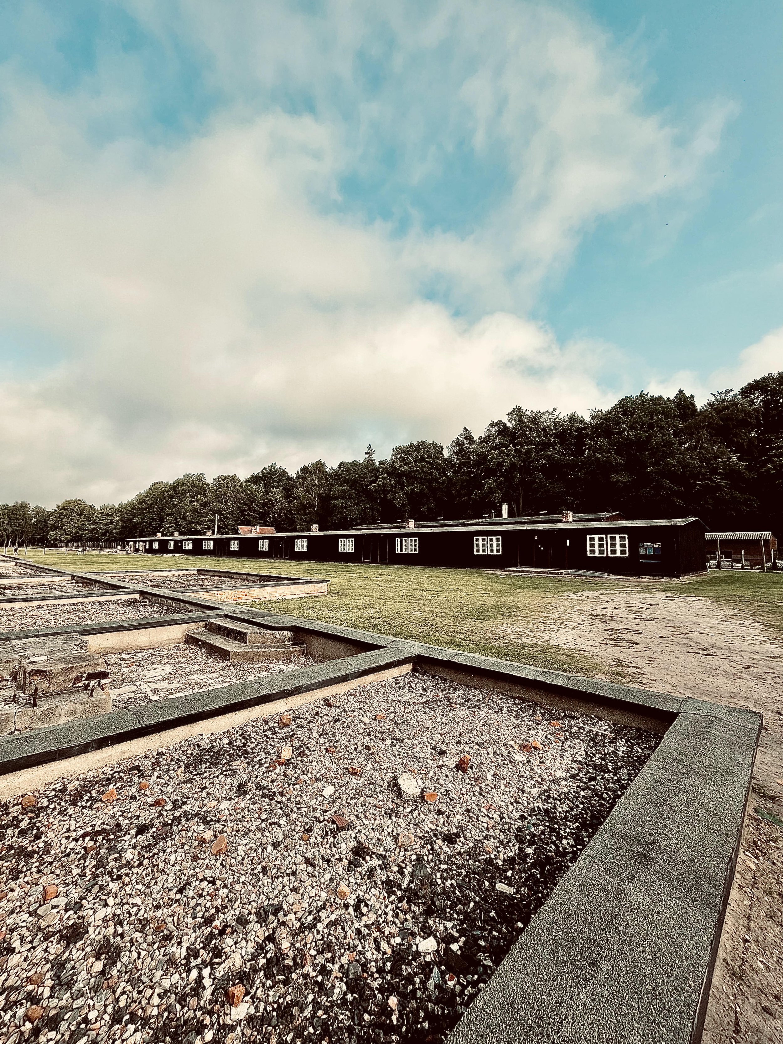 View of the barracks where newcomers were kept. In the centre are the remains of the foundation of the prisoners' kitchen.