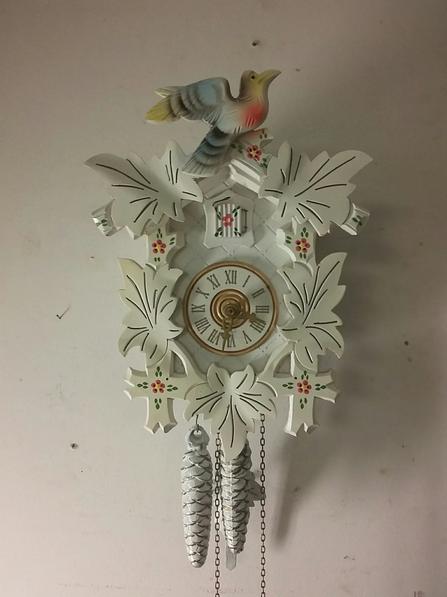 This cuckoo was missing it's Pendulum and needed to be oiled . I usually try to avoid modern cuckoo clocks because often the repair is more than the value of the clock . Luckily the oiling did the trick . 