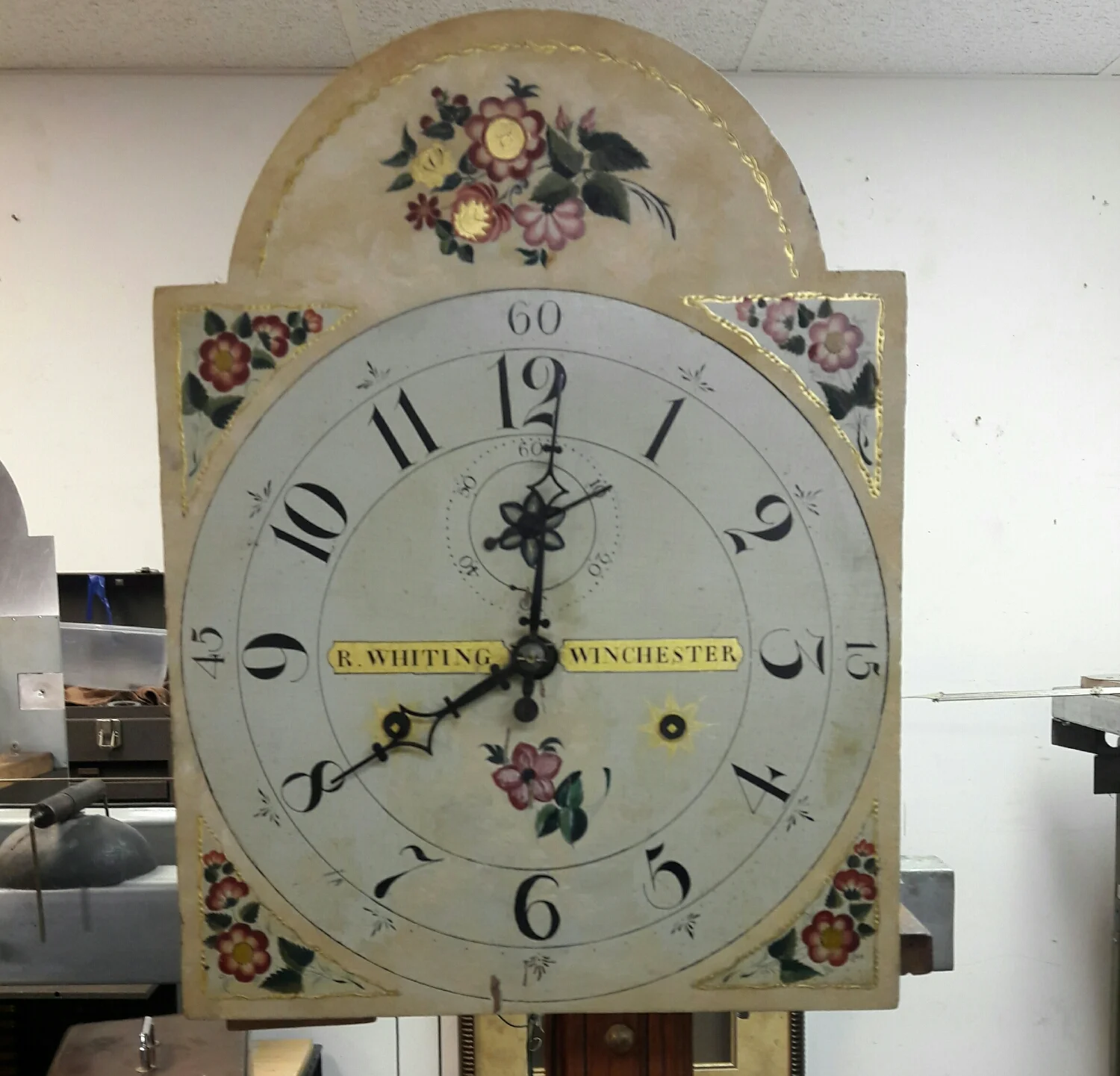 This clock runs like a charm . It's had a couple of hundred years of repairs done to it and keeps amazingly great time . It's driven by two small weights and a metal rod pendulum. 