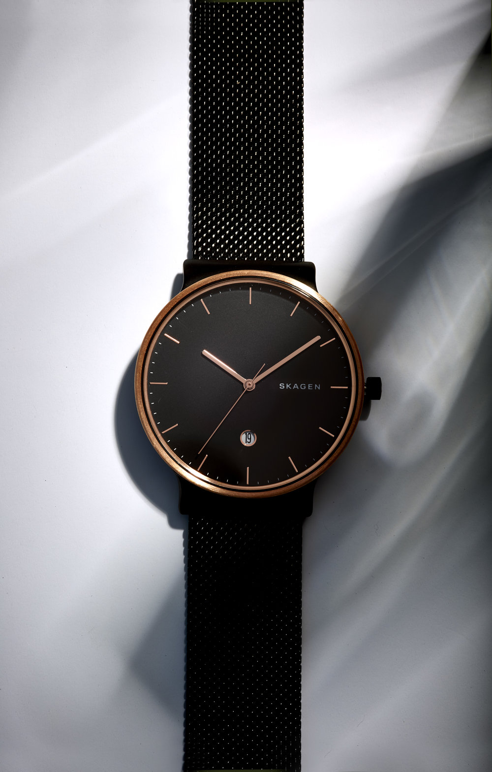  Portrait of Skagen watch in shadows. Still Life Photograph by London Based Still Life Photographer Andy Carson 